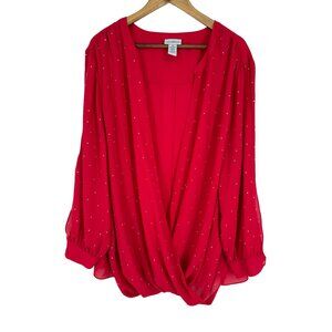 Catherines Split Long Sleeve Embellished Faux Wrap Blouse Size 3X